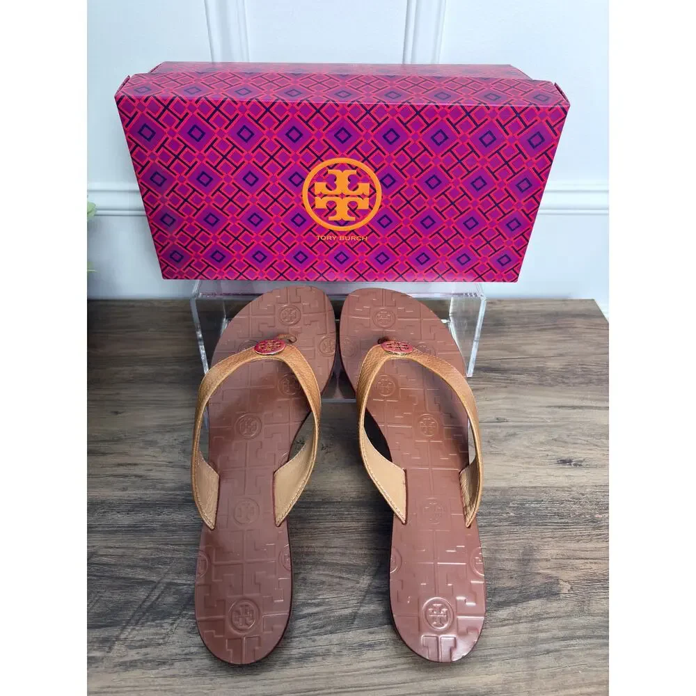 Iconic Rare Tory Burch Thora Leather Flip Flops Tan Gold New In Box Size 10